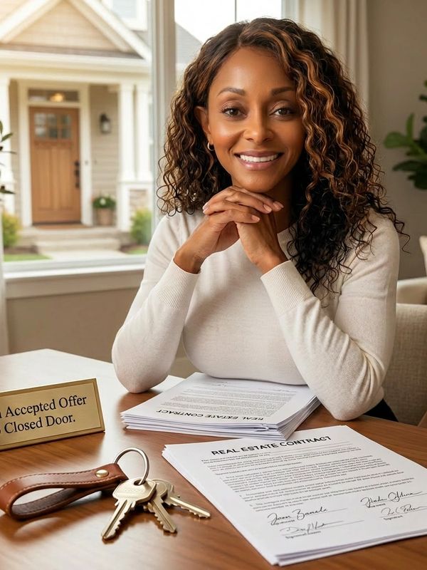 Smiling woman sitting at a table with real estate contracts and keys.