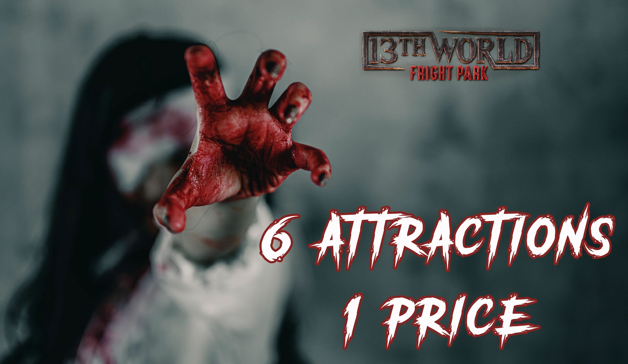 A bloody hand reaches out in a horror-themed 13th World Fright Park ad.