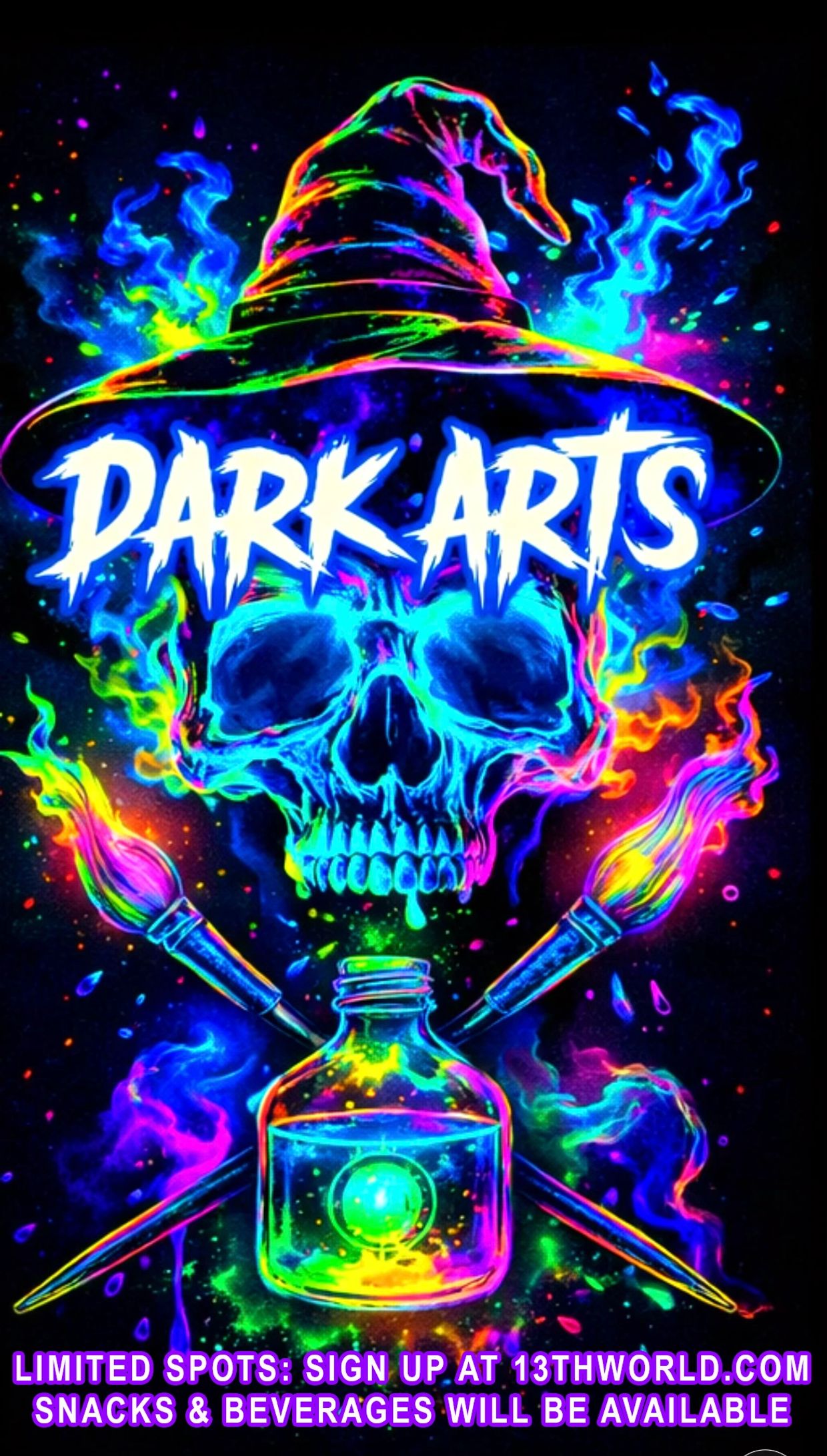 Neon skull with wizard hat and paintbrushes promoting Dark Arts event.