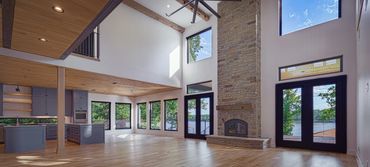 A fireplace at the center of the room