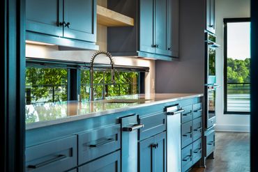 A modern kitchen with casement windows