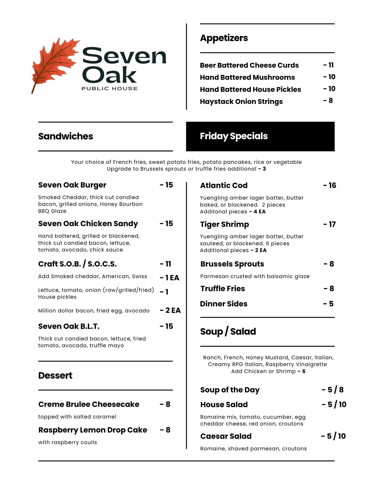 Seven Oak Public House menu featuring appetizers, sandwiches, Friday specials, desserts, and salads.