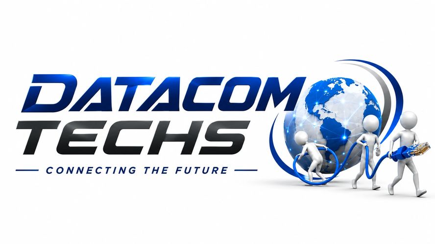 Datacom Techs logo with globe and figures connecting network cables.