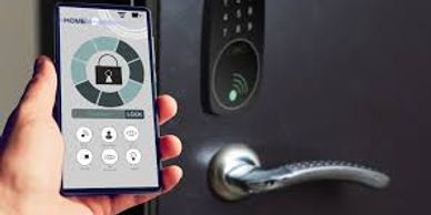Smartphone controlling a digital door lock wirelessly.