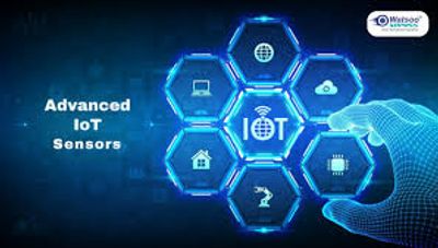 Futuristic digital hand interacting with advanced IoT sensor icons in hexagonal design.