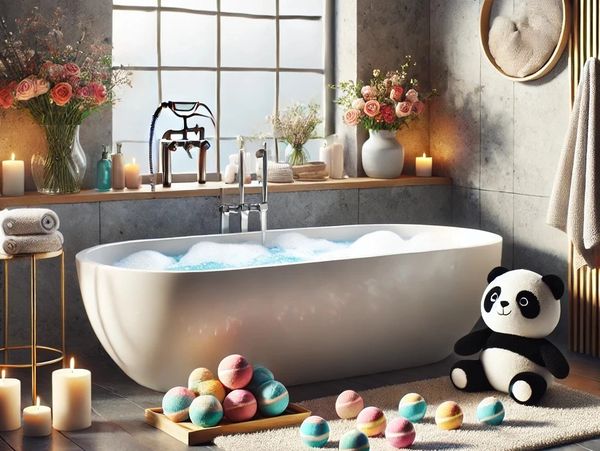 A cozy bathroom scene. A small panda plush sits nearby, with natural light, warm atmosphere.