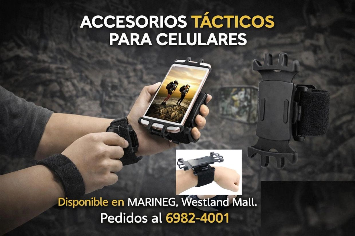 Accesorios tácticos para celulares con soporte ajustable y banda de velcro.