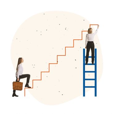 Woman climbing drawn stairs, another completing them on a ladder.