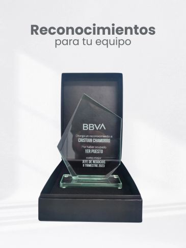 Trofeo de reconocimiento de BBVA en caja negra.