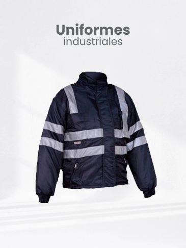 Chaqueta industrial negra con franjas reflectantes.