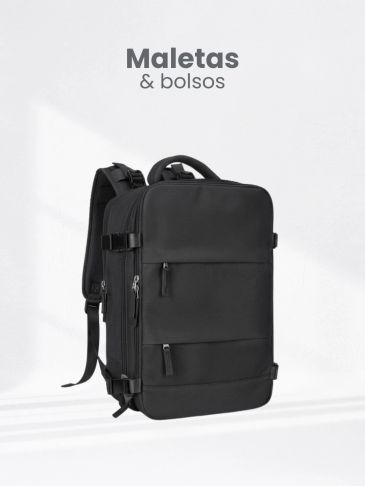 Mochila negra moderna con múltiples compartimentos.