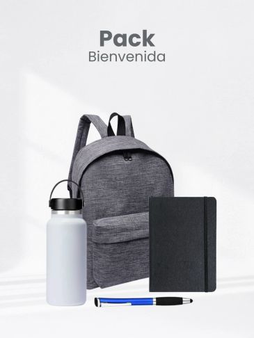Pack Bienvenida con mochila, botella, libreta y bolígrafo.