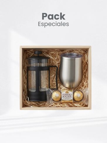 Pack especial con prensa francesa, taza y chocolates.