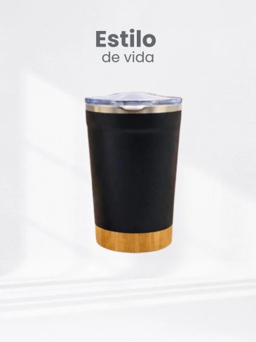 Vaso negro moderno con tapa y base de madera.