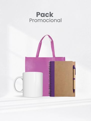 Pack promocional con taza, libreta y bolsa morada.