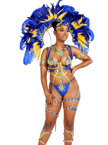 Woman in vibrant blue and yellow carnival costume with large feathered headdress.