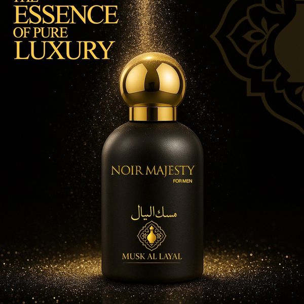 Elegant Noir Majesty perfume bottle with gold accents symbolizing luxury.