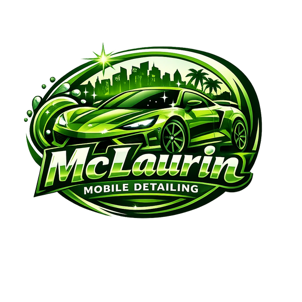 Green-themed logo for McLaurin Mobile Detailing with a sleek sports car and city skyline.