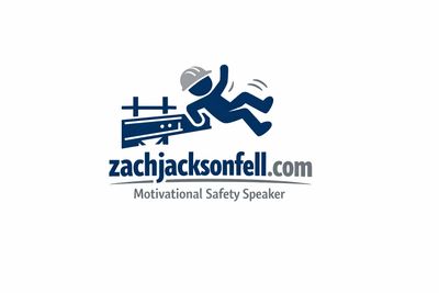 Logo of a motivational safety speaker showing a figure falling near a barrier.