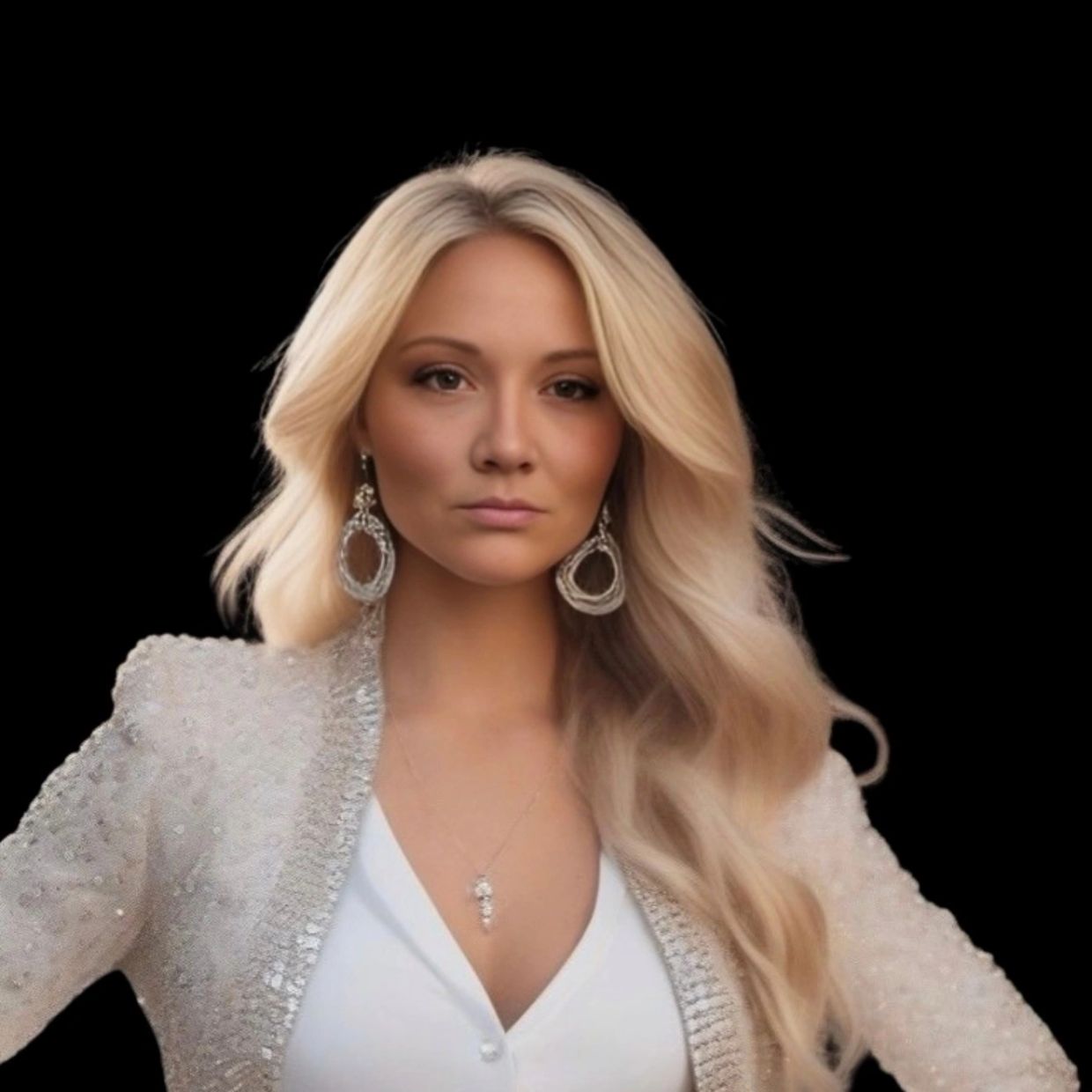 Blonde woman with elegant earrings and a shimmering jacket.