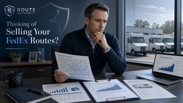 Man reviewing FedEx route sales data at desk with charts and laptop.