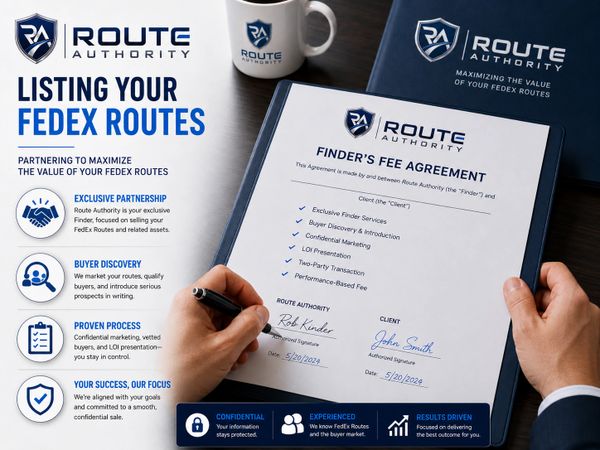Person signing a FedEx routes finder’s fee agreement from Route Authority.
