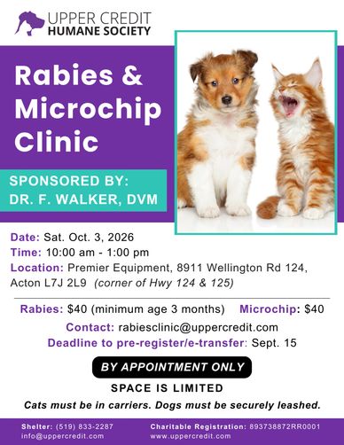 Rabies and microchip clinic for pets with appointments required.