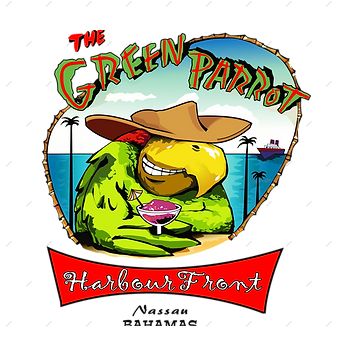 Colorful logo of The Green Parrot bar with a parrot in a hat holding a cocktail.