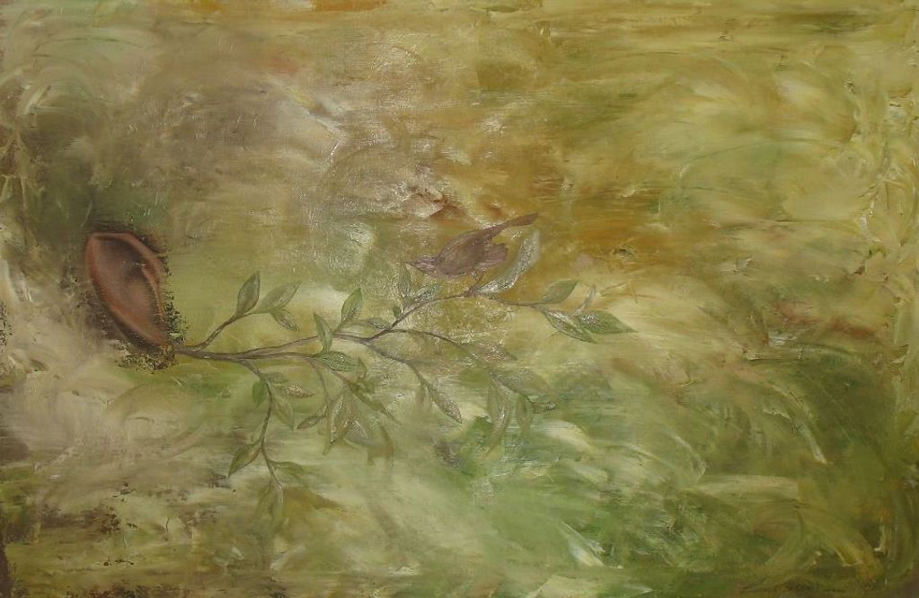 24" x 36" canvas.  Green with ear and branch and a tiny wren.
