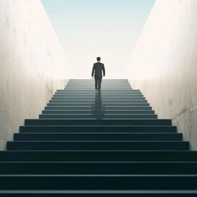 Man in a suit walking up a long staircase towards light.