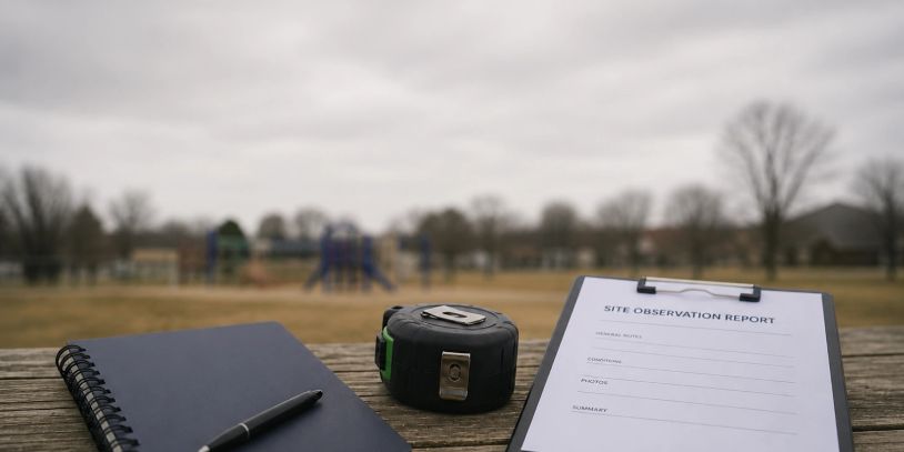 Construction observation report with measuring tape and notebook outdoors.