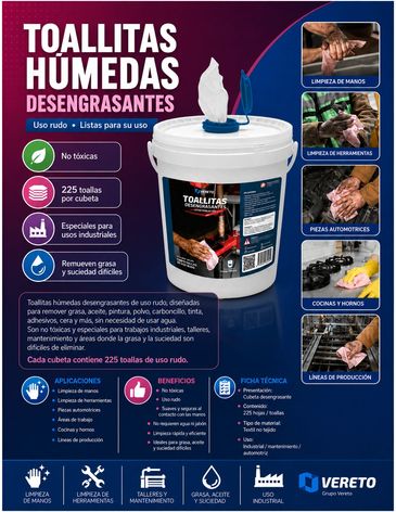 cubeta de toallitas humedas desengrasantes  con 225 toallitas en tela super resistente