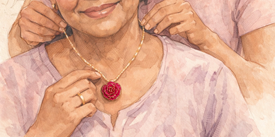 A person placing a rose pendant necklace on another's neck.