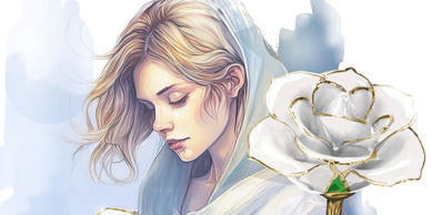 A serene woman with flowing hair and white roses with golden edges.