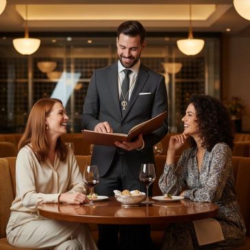 Two women smiling as a waiter shows them a menu in a cozy restaurant.