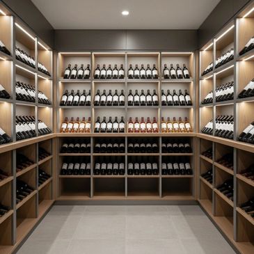 Organized wine bottles neatly displayed on wooden shelves with ambient lighting.