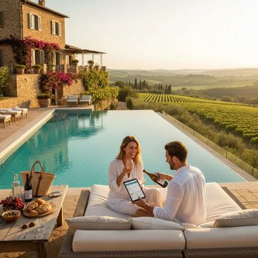 Couple enjoying wine by a pool with vineyard views at sunset.
