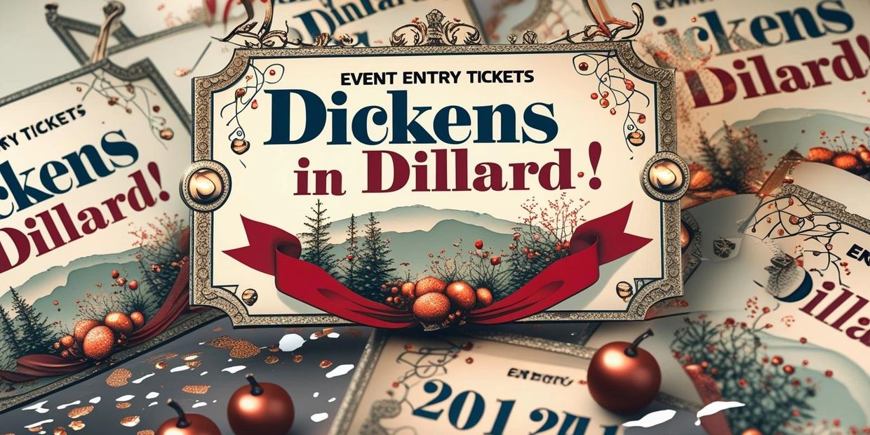 Vintage-style event tickets for "Dickens in Dillard" with festive decorations and a scenic background.