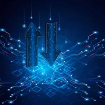Digital arrows pointing up and down with circuitry background.