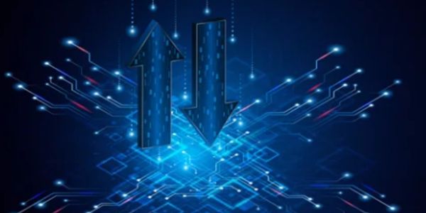 Digital arrows pointing up and down with circuitry background.
