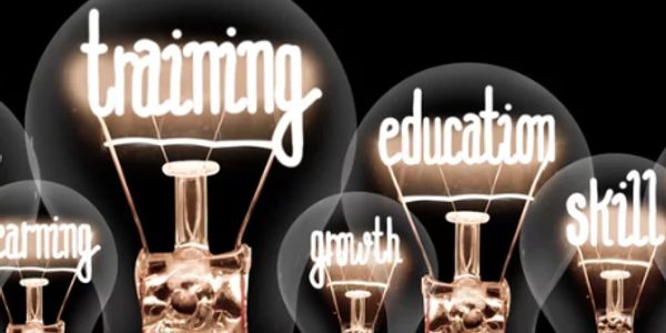 Light bulbs with glowing words training, growth, and education inside.