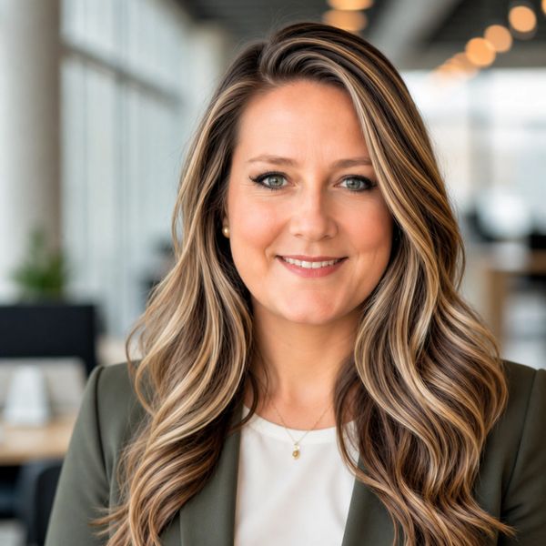 Professional woman with long wavy hair smiling in an office setting.