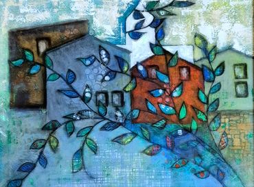 The Village
20" X 18" Acrylic paint and charcoal on canvas. 