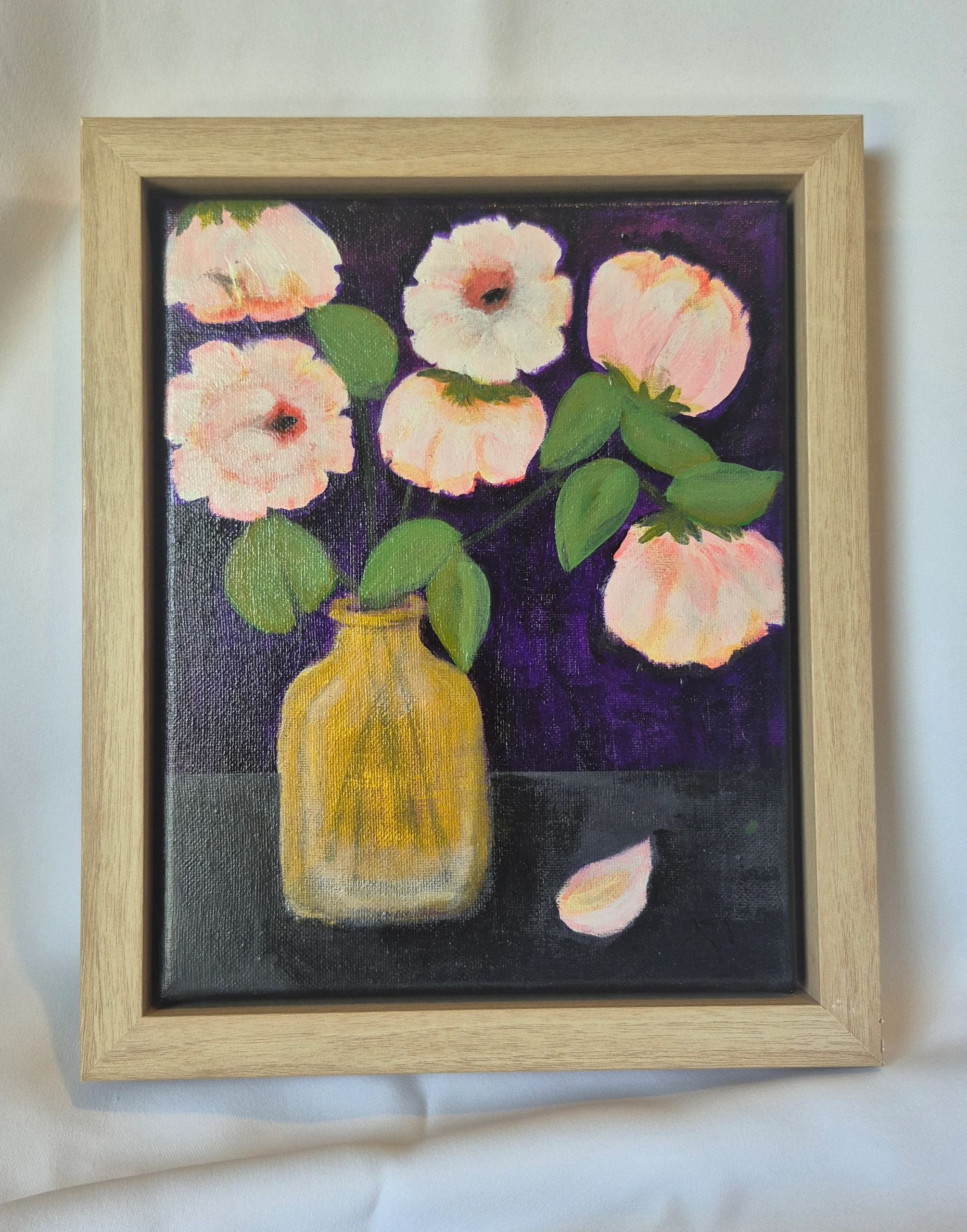Painting of pink flowers in a yellow vase against a deep purple background.