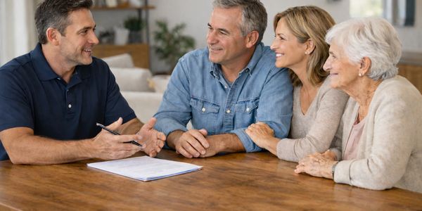 A man discussing documents with a happy family at a wooden table.
