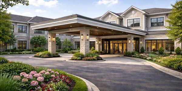 Elegant hotel entrance with a covered driveway and well-maintained flower beds.