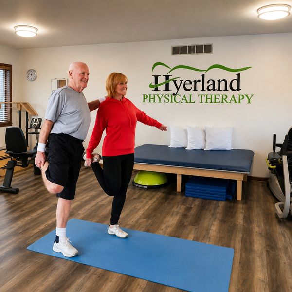 Older couple doing leg stretches at Hyerland Physical Therapy.