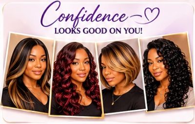 Four stylish women showcasing confident hairstyles under a positive message.