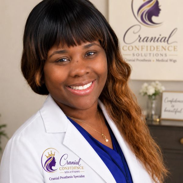 Smiling woman wearing a Cranial Confidence Solutions lab coat.