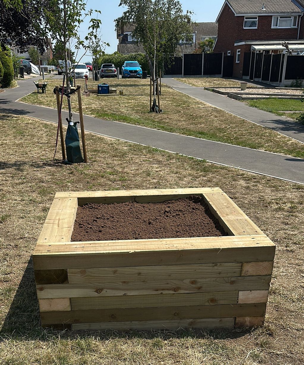 Newly built wooden raised garden bed filled with soil on a sunny day.